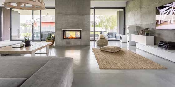 Séjour contemporain avec cheminée et sol en résine